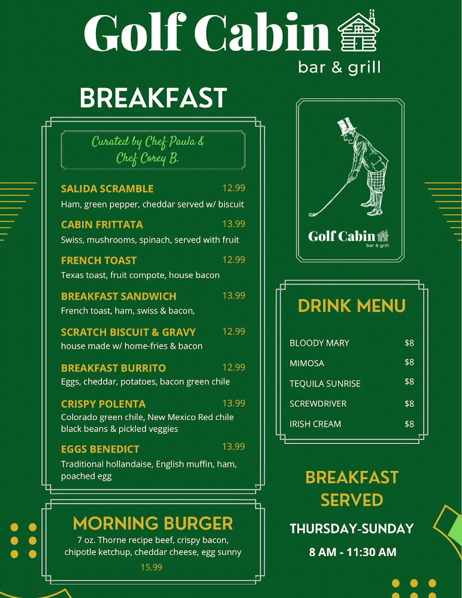 Golf Cabin Bar & Grill menu board