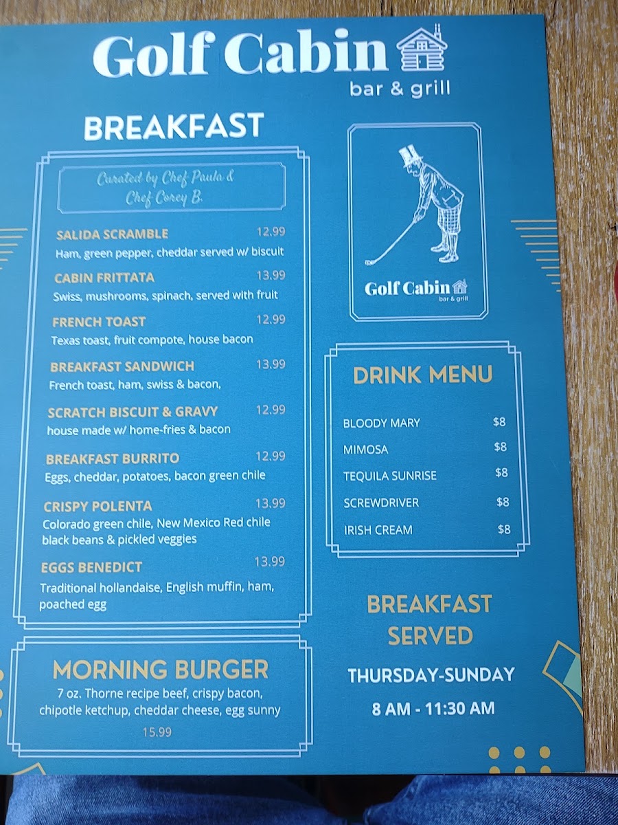 Golf Cabin Bar & Grill menu board