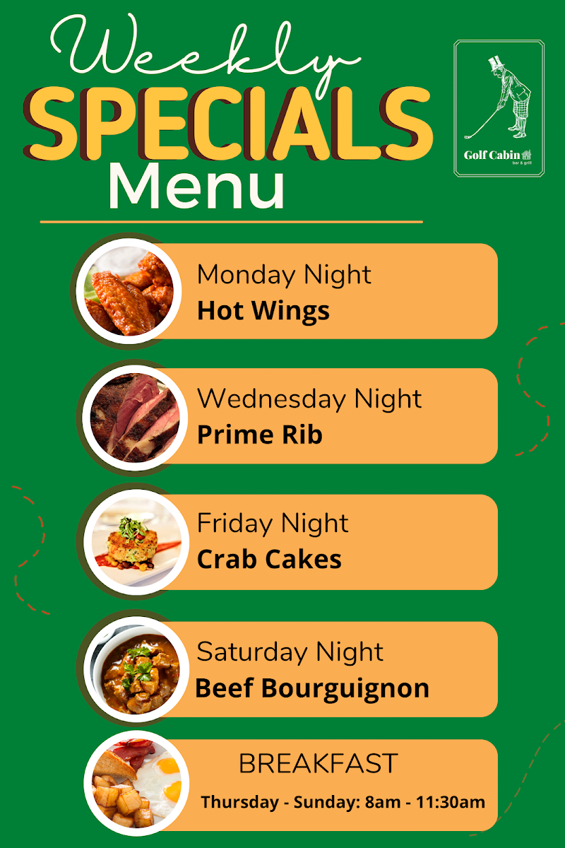 Golf Cabin Bar & Grill menu board