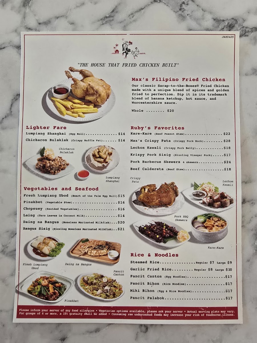 Max's Restaurant Jacksonville menu board