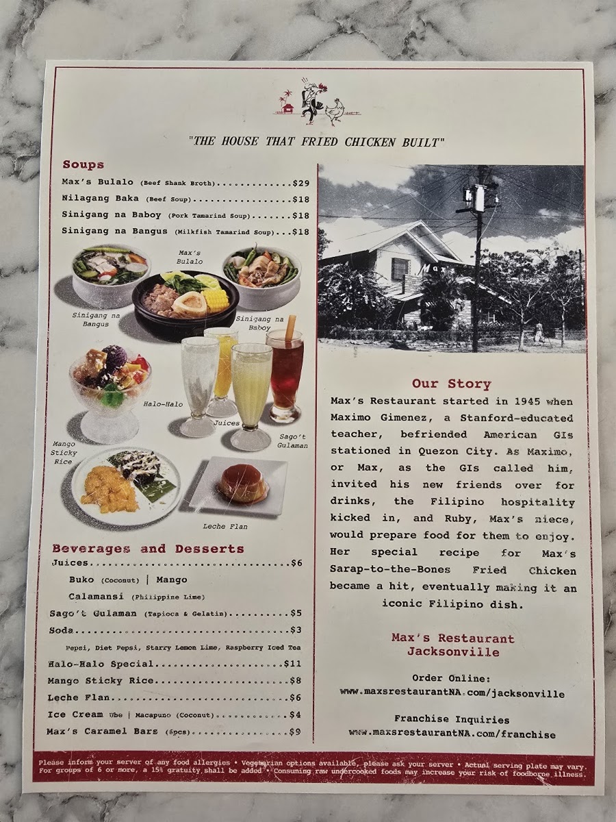 Max's Restaurant Jacksonville menu board