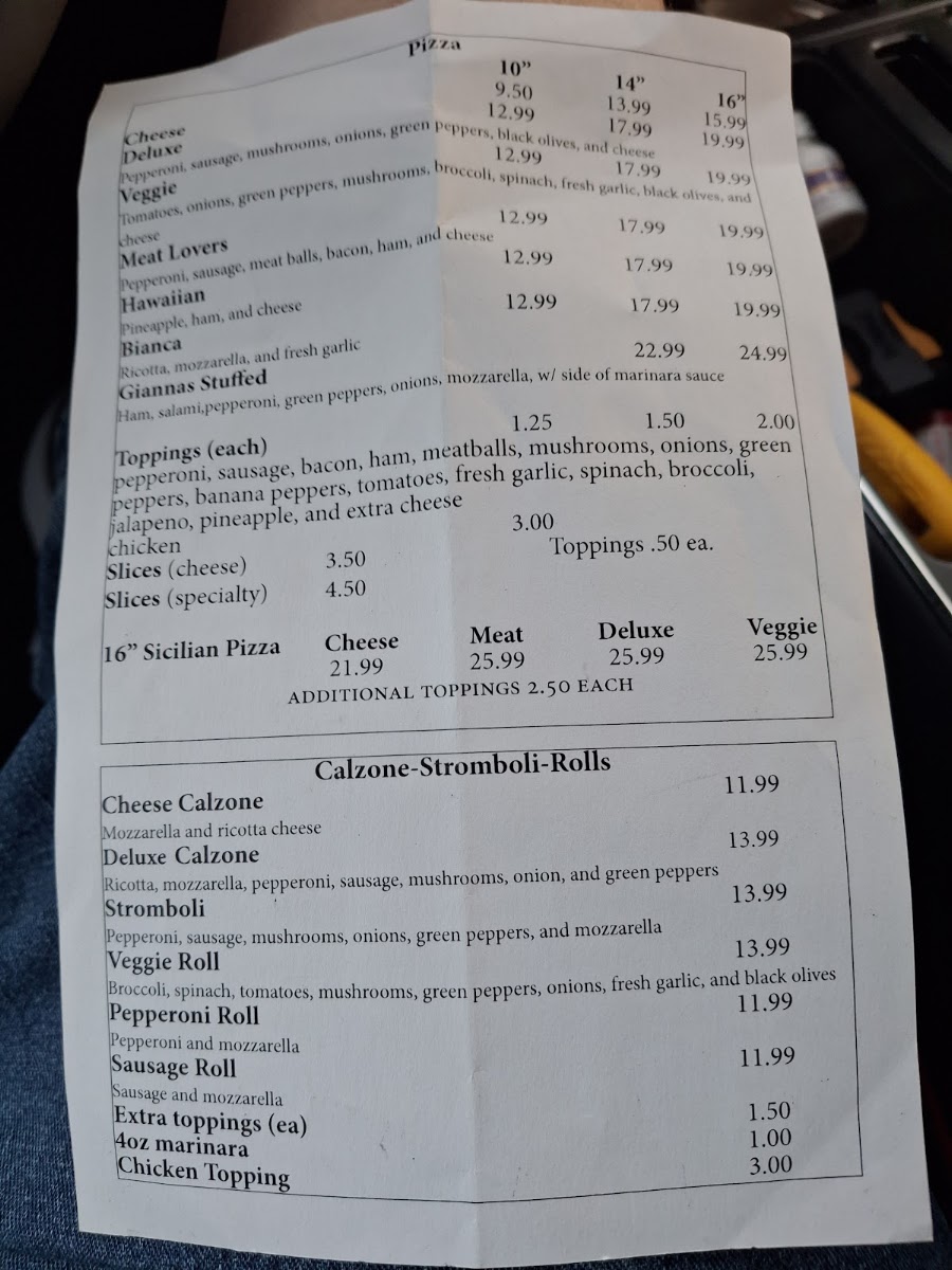 Gianna's NY Pizza menu board
