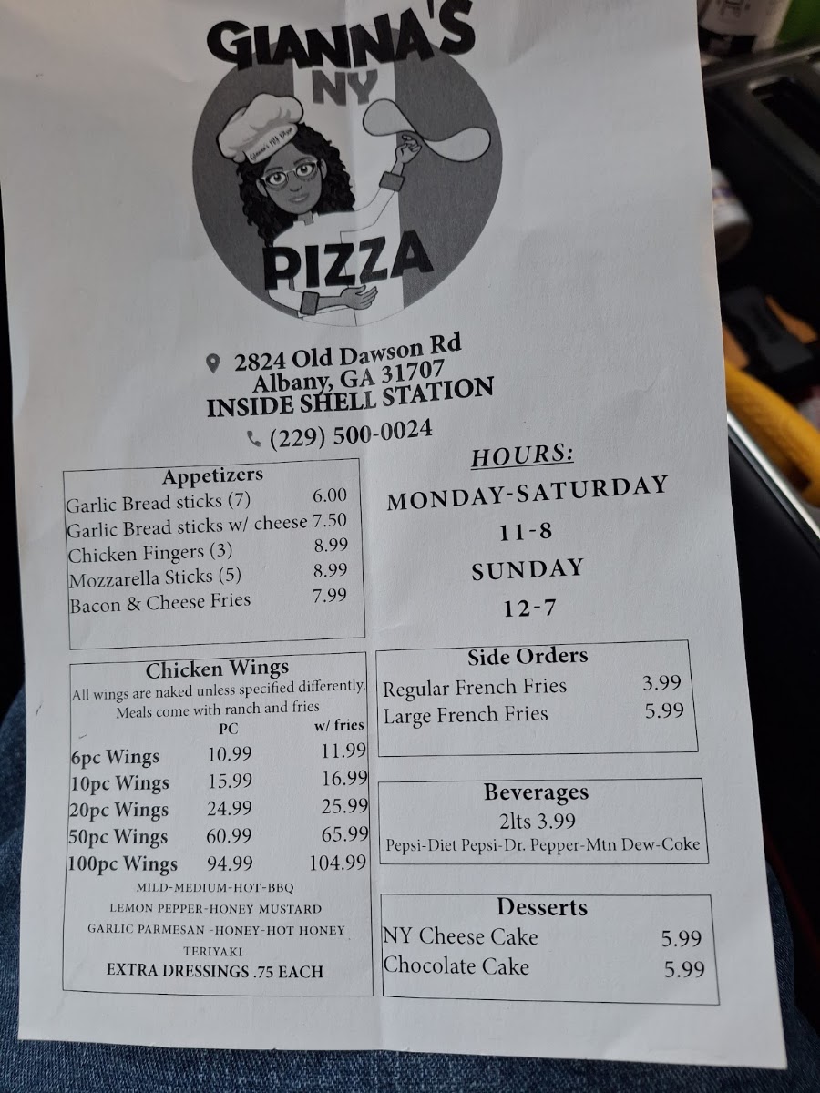 Gianna's NY Pizza menu board