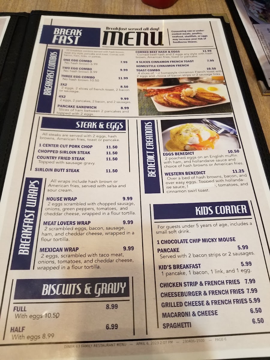 Sumner Family Restaurant menu board