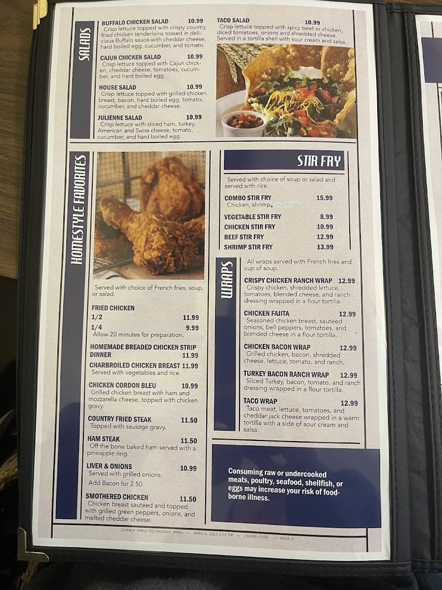 Sumner Family Restaurant menu board