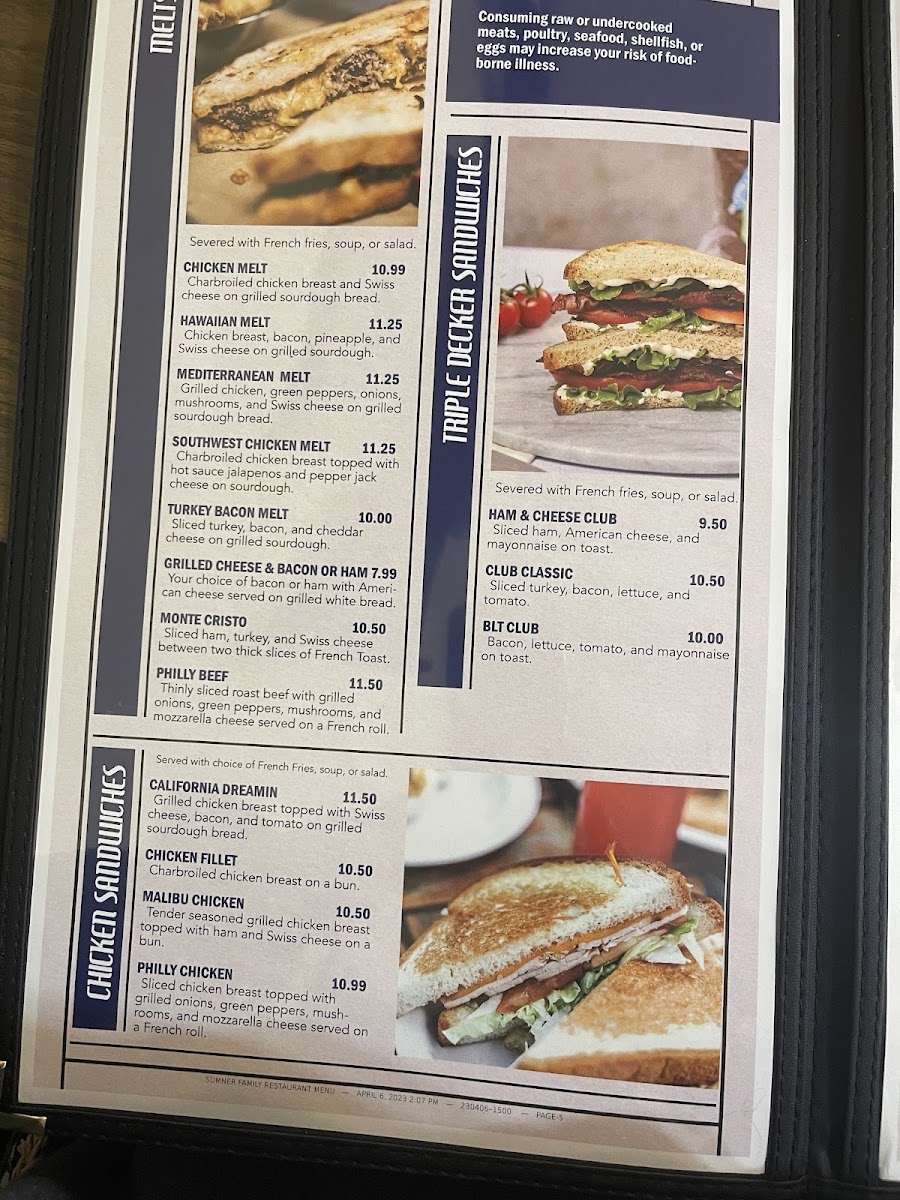 Sumner Family Restaurant menu board
