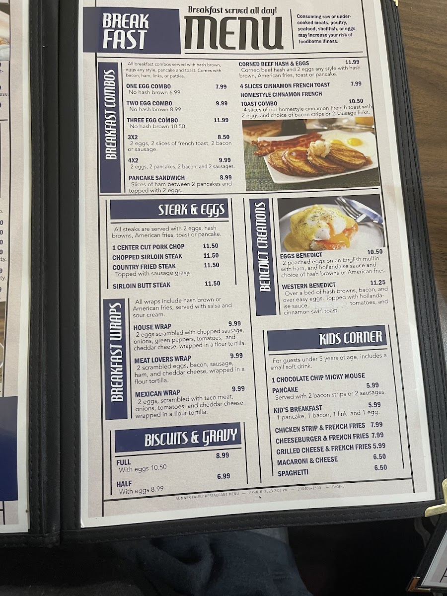 Sumner Family Restaurant menu board
