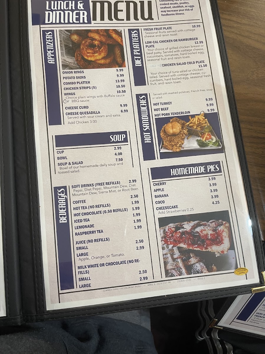 Sumner Family Restaurant menu board