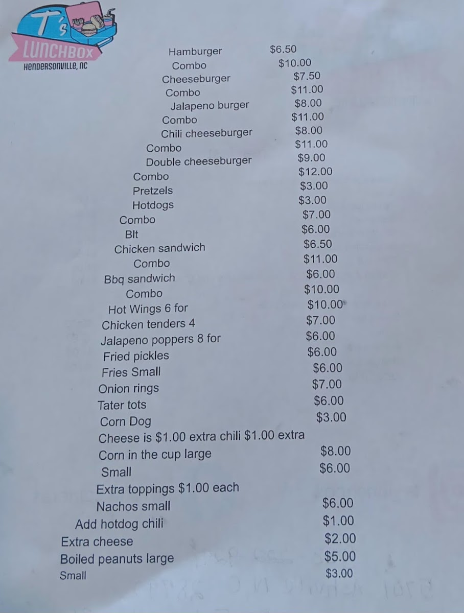 T's Lunchbox menu board