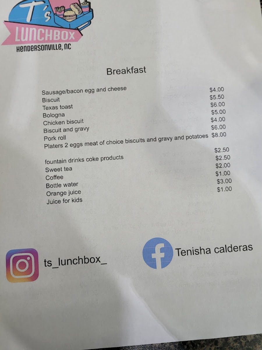 T's Lunchbox menu board