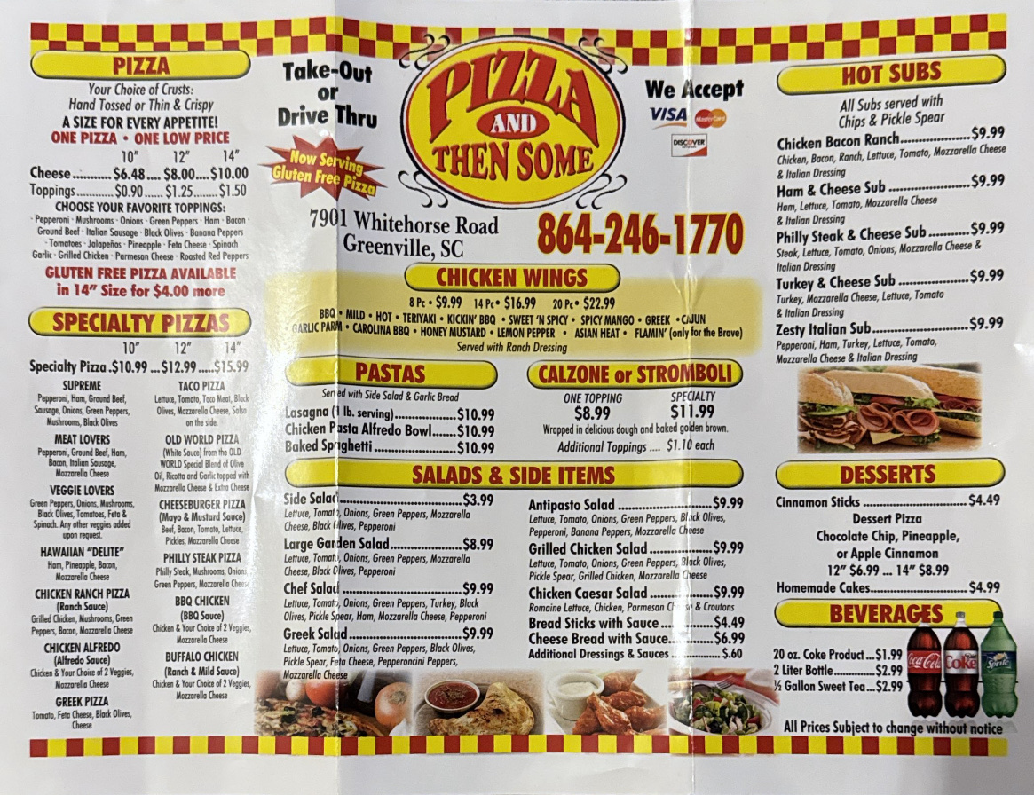 Pizza and Then Some menu board