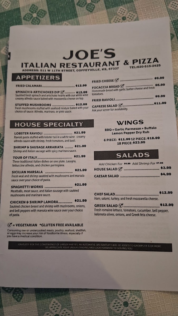 Joe's Italian Coffeyville menu board