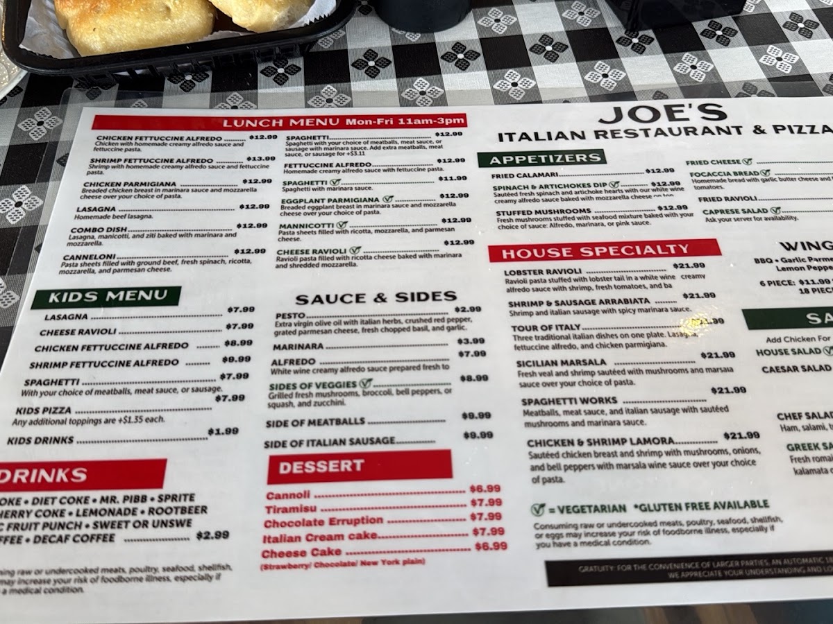 Joe's Italian Coffeyville menu board