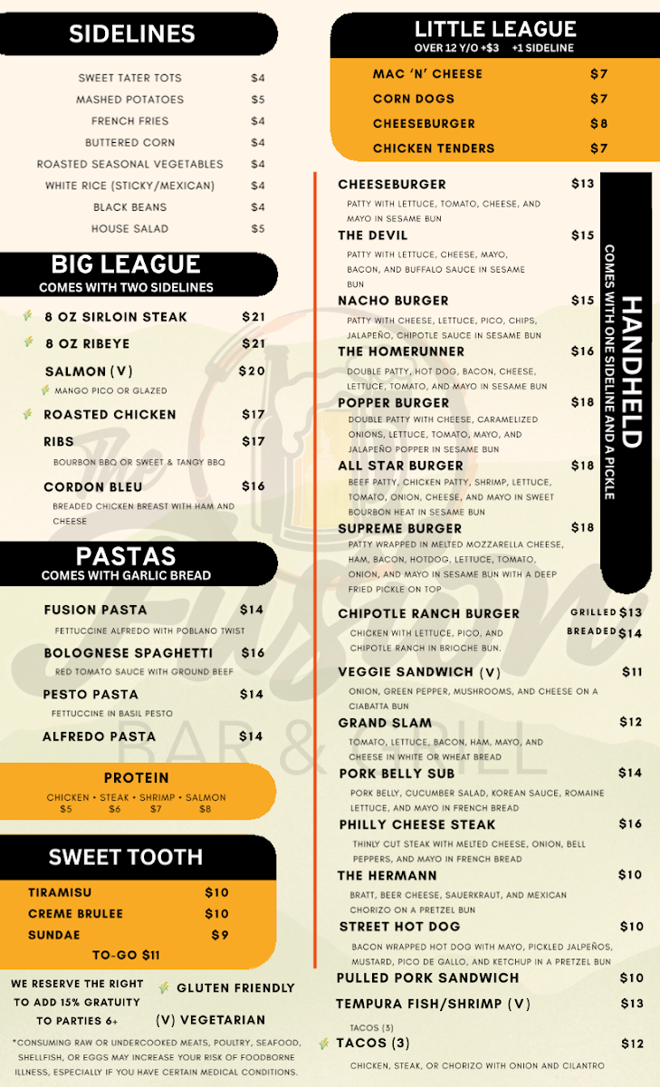 The Fusion Bar & Grill menu board