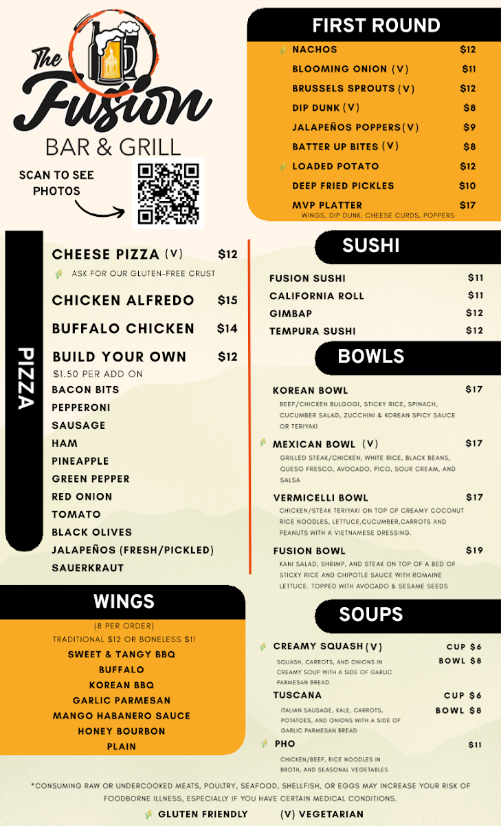 The Fusion Bar & Grill menu board