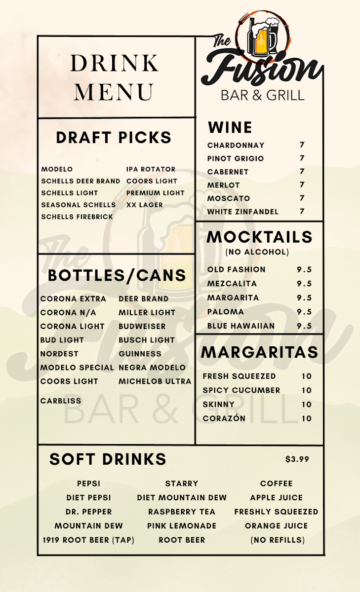 The Fusion Bar & Grill menu board