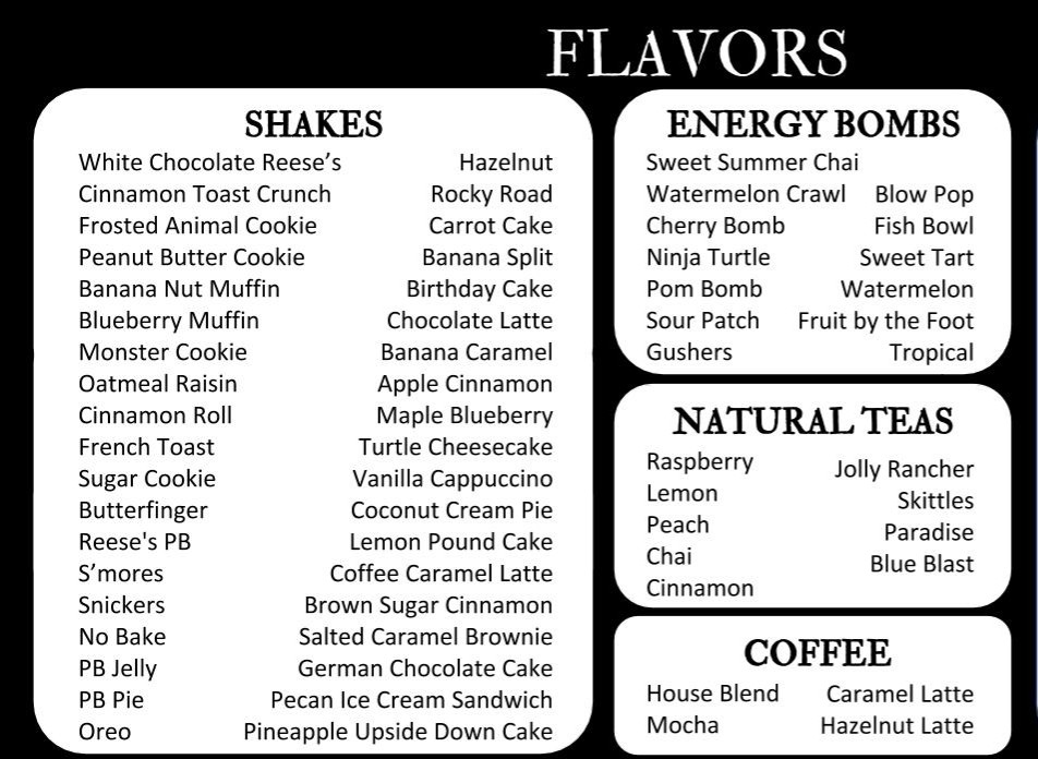 Flat River Nutrition menu board