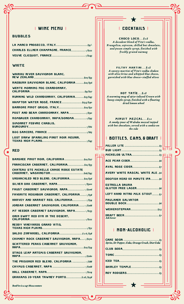 BonFire menu board