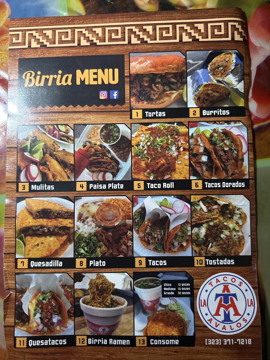 Tacos Avalos Birria de res estilo T.J. menu board