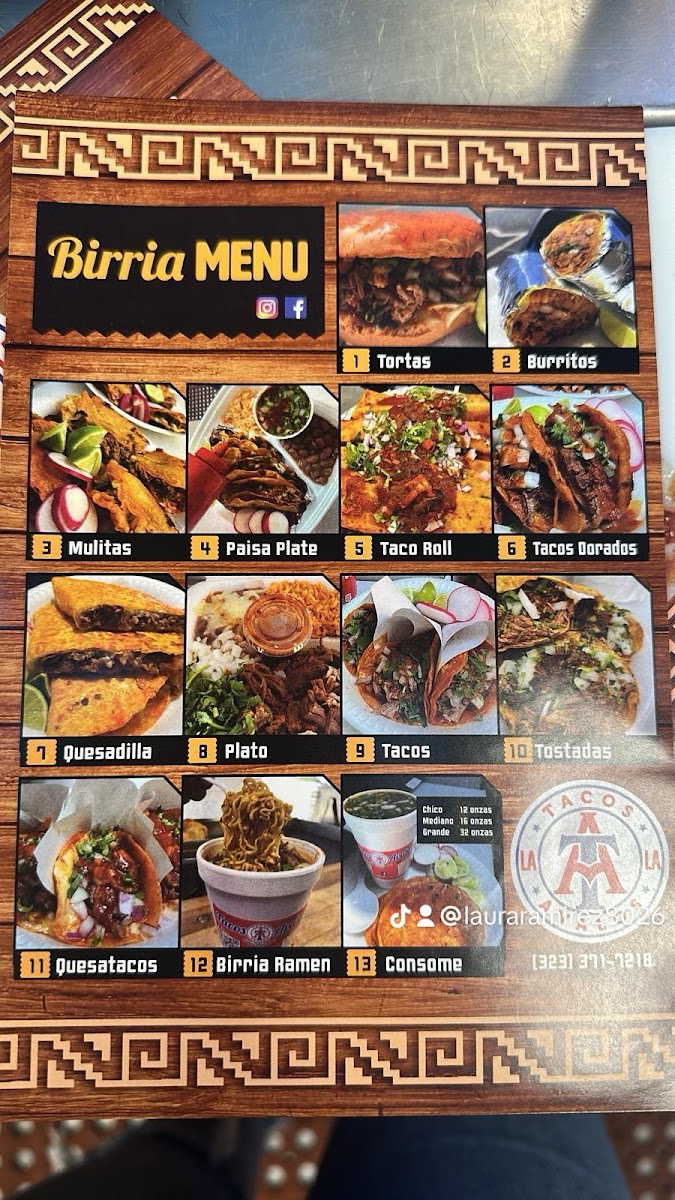 Tacos Avalos Birria de res estilo T.J. menu board