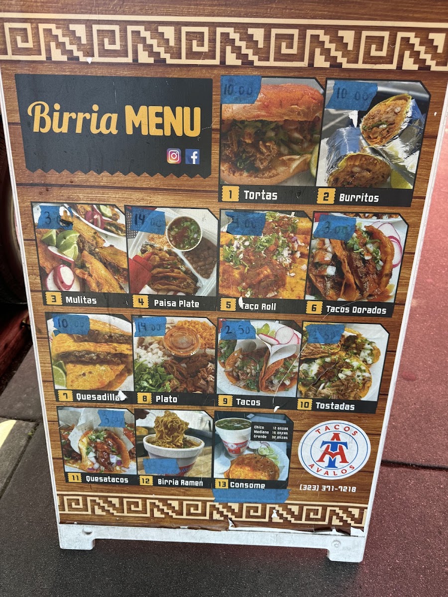 Tacos Avalos Birria de res estilo T.J. menu board