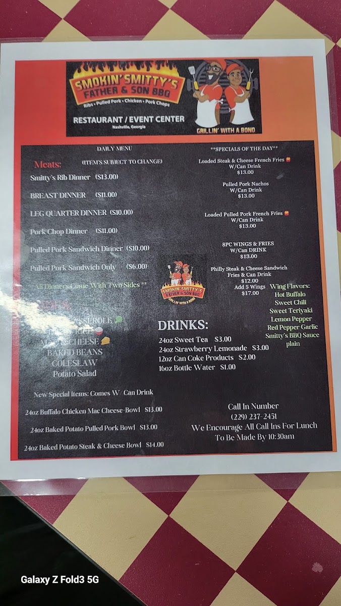 Smokin' Smitty's Father & Son BBQ menu board