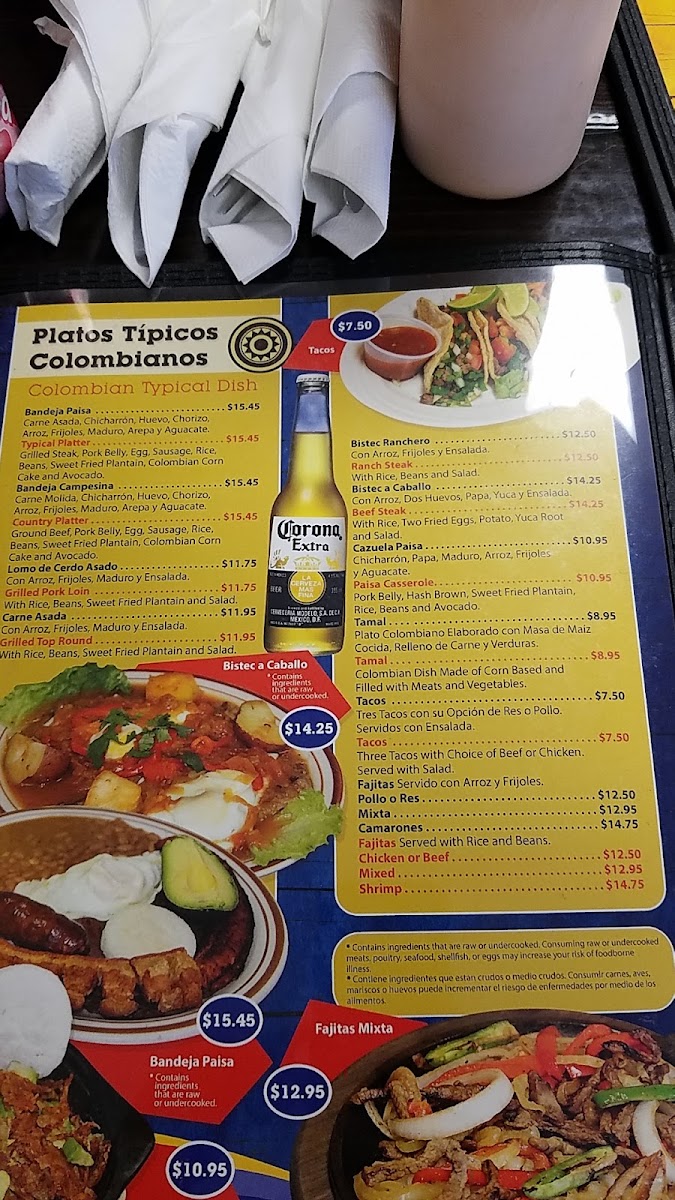 Restaurante Colombiano san niño pelon menu board