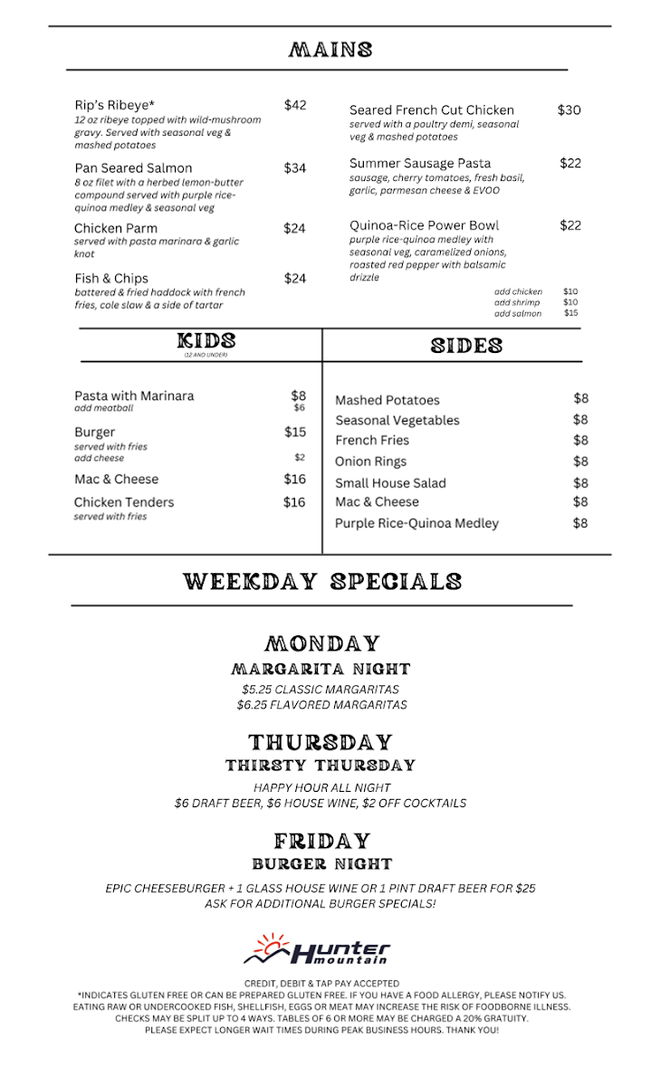Van Winkles Restaurant menu board