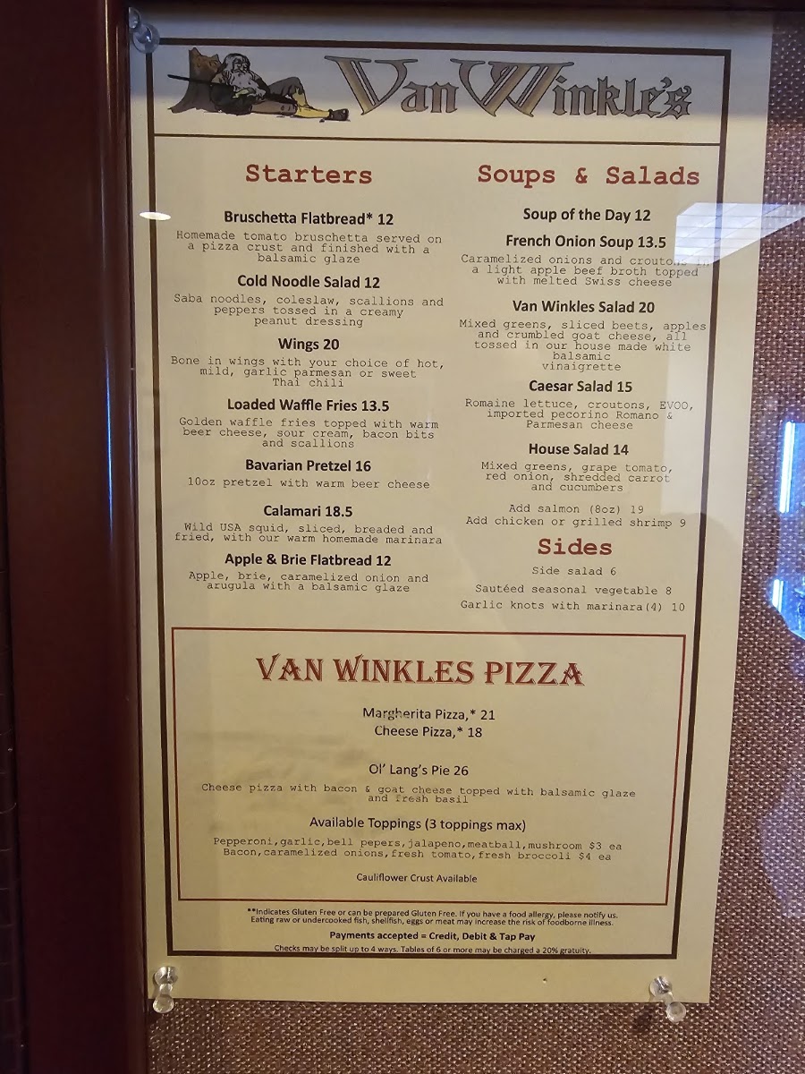 Van Winkles Restaurant menu board