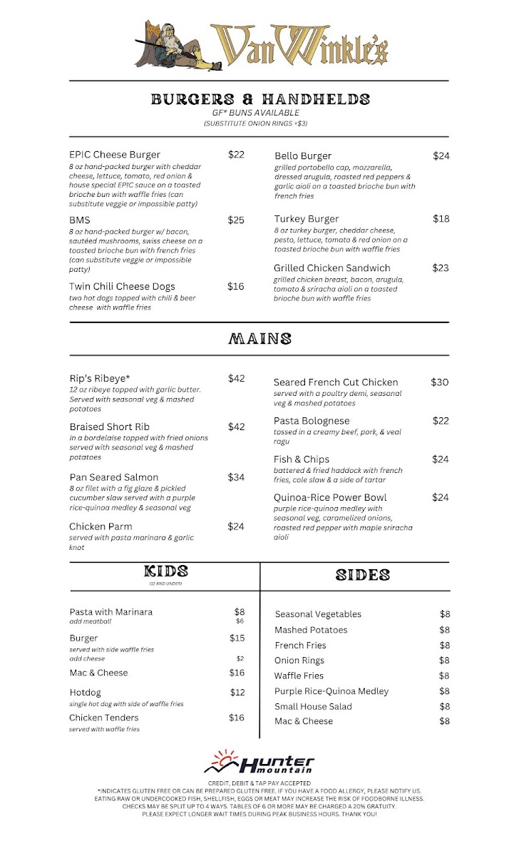 Van Winkles Restaurant menu board