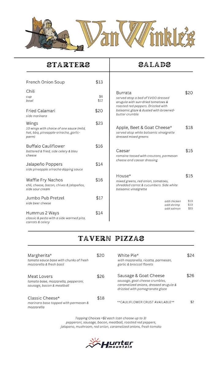 Van Winkles Restaurant menu board