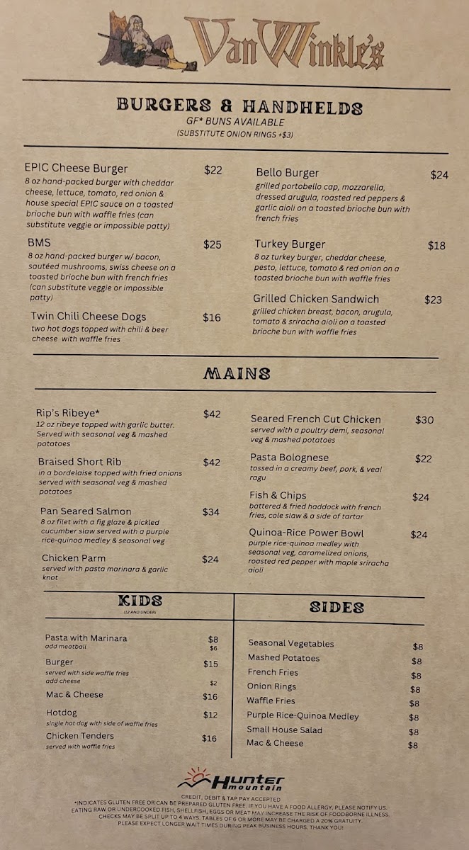 Van Winkles Restaurant menu board