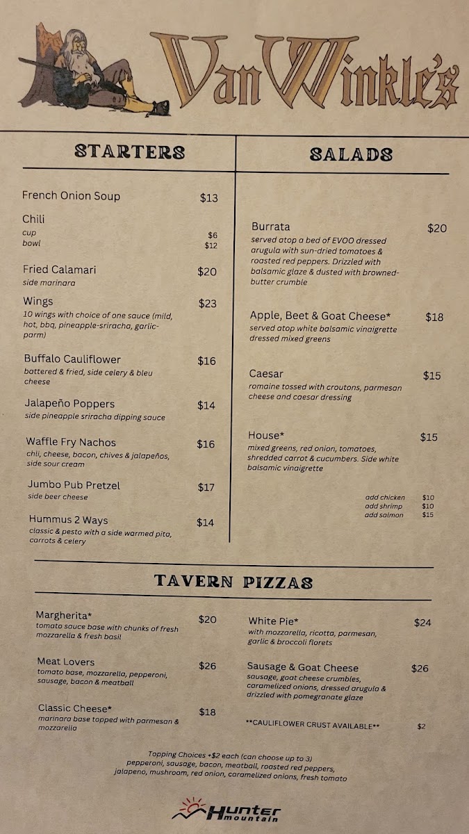 Van Winkles Restaurant menu board