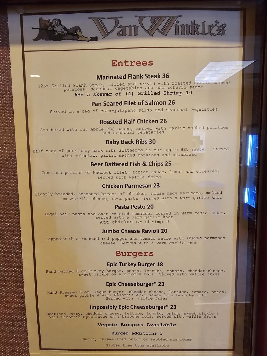 Van Winkles Restaurant menu board