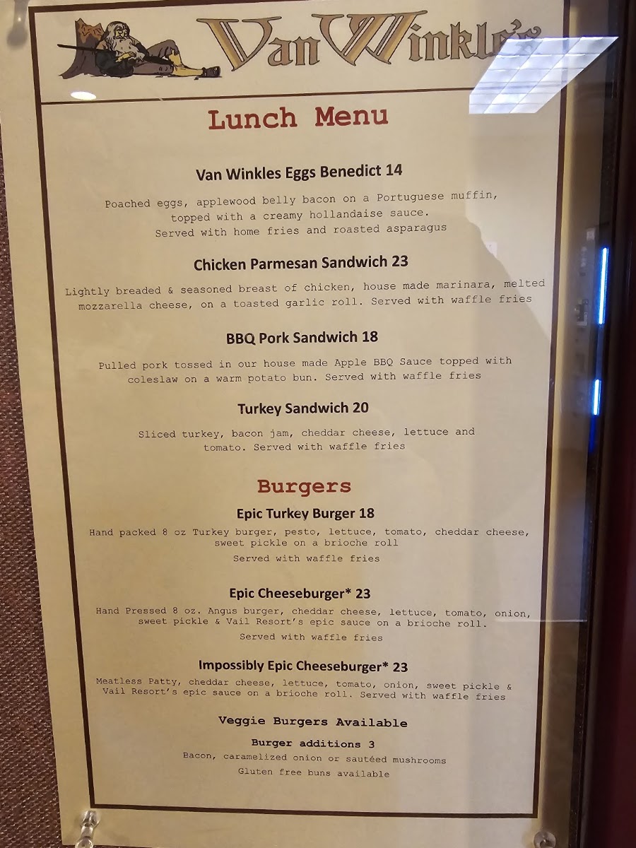 Van Winkles Restaurant menu board