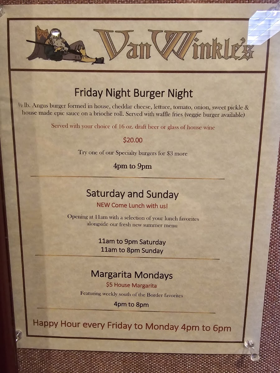 Van Winkles Restaurant menu board