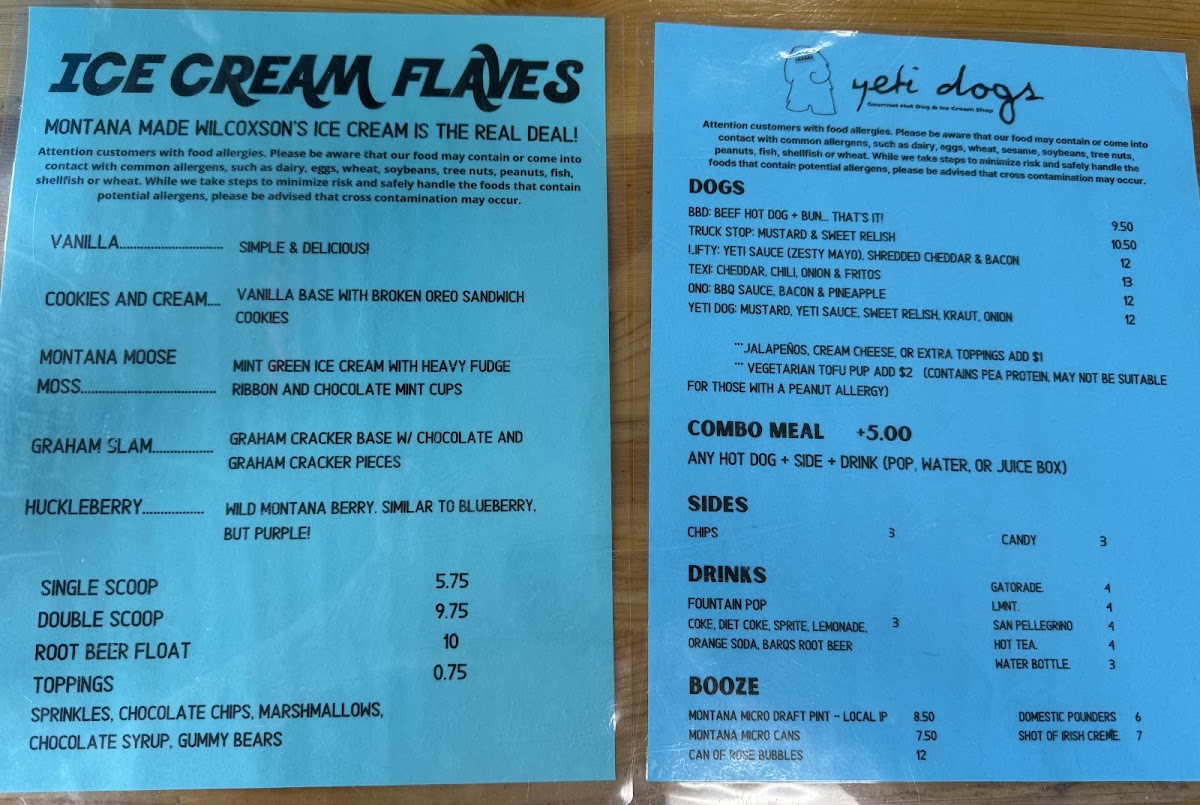 Yeti Dogs menu board