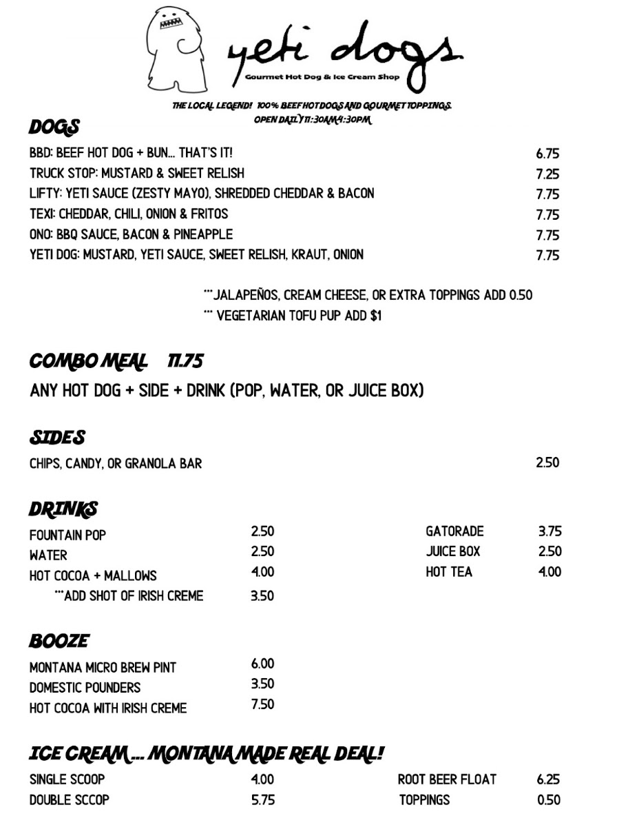 Yeti Dogs menu board
