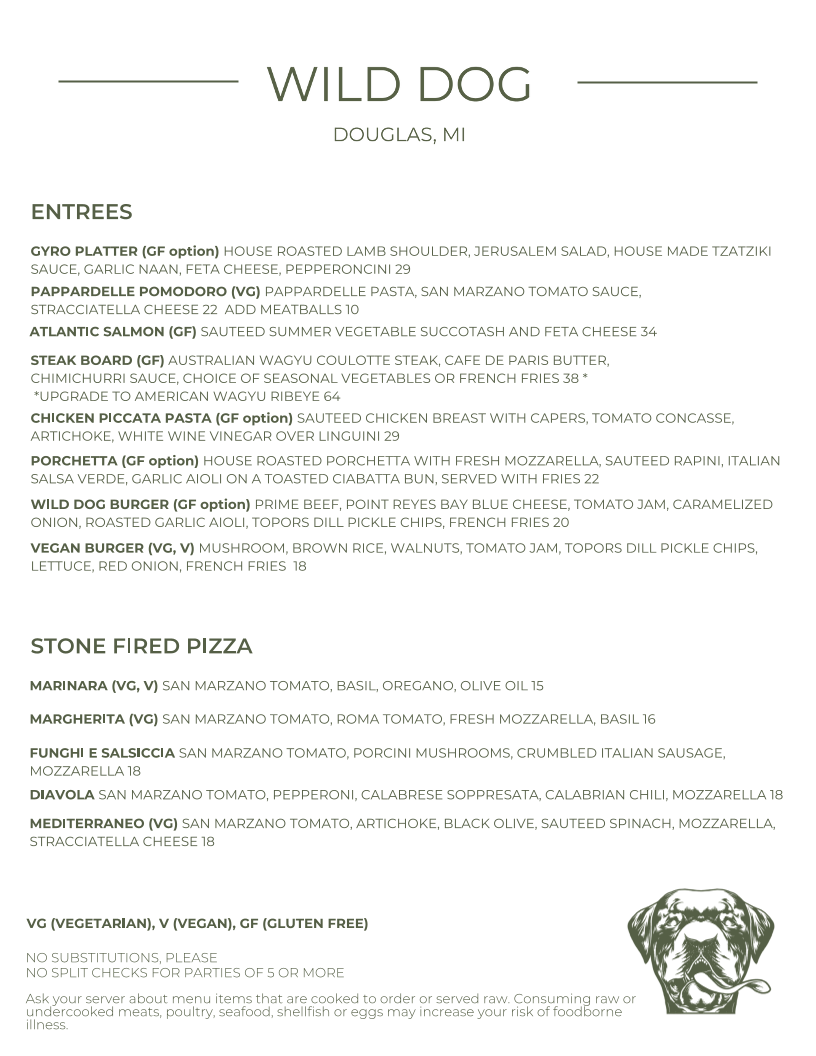 The Wild Dog menu board