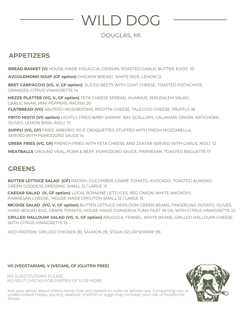 The Wild Dog menu board