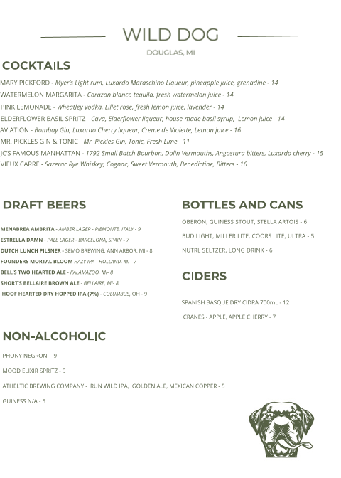 The Wild Dog menu board