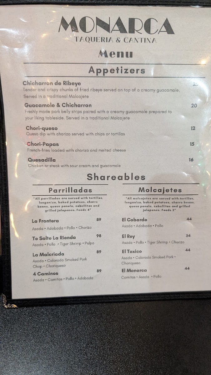 Monarca Taqueria & Cantina menu board