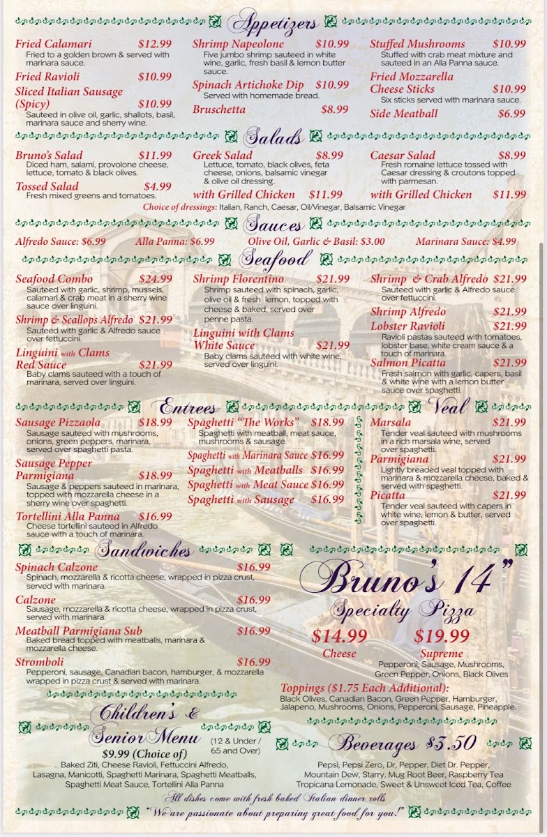 Bruno’s Italian Ristorante menu board