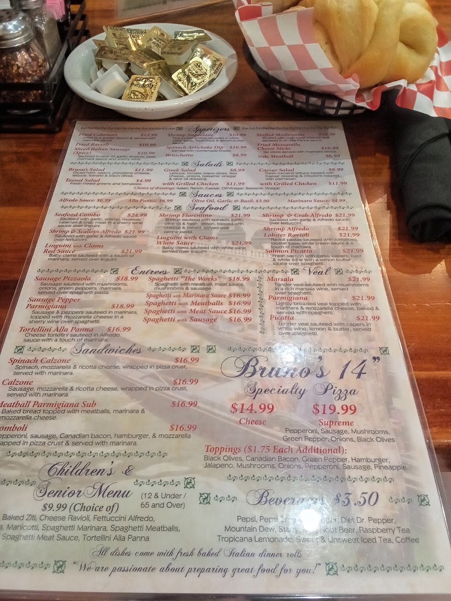 Bruno’s Italian Ristorante menu board