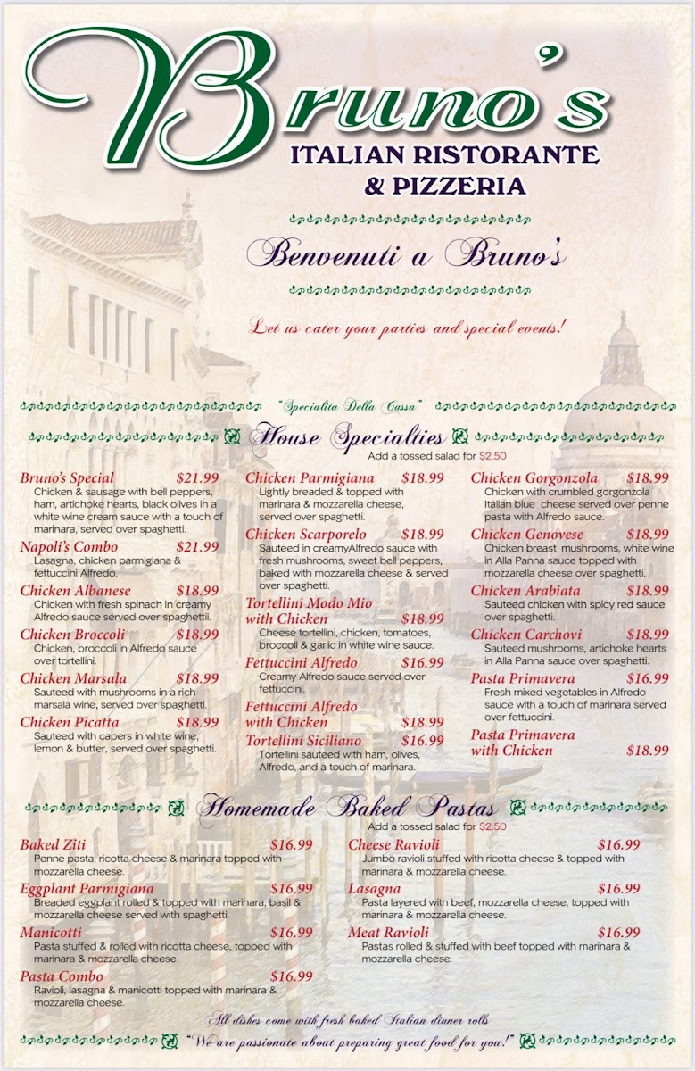 Bruno’s Italian Ristorante menu board