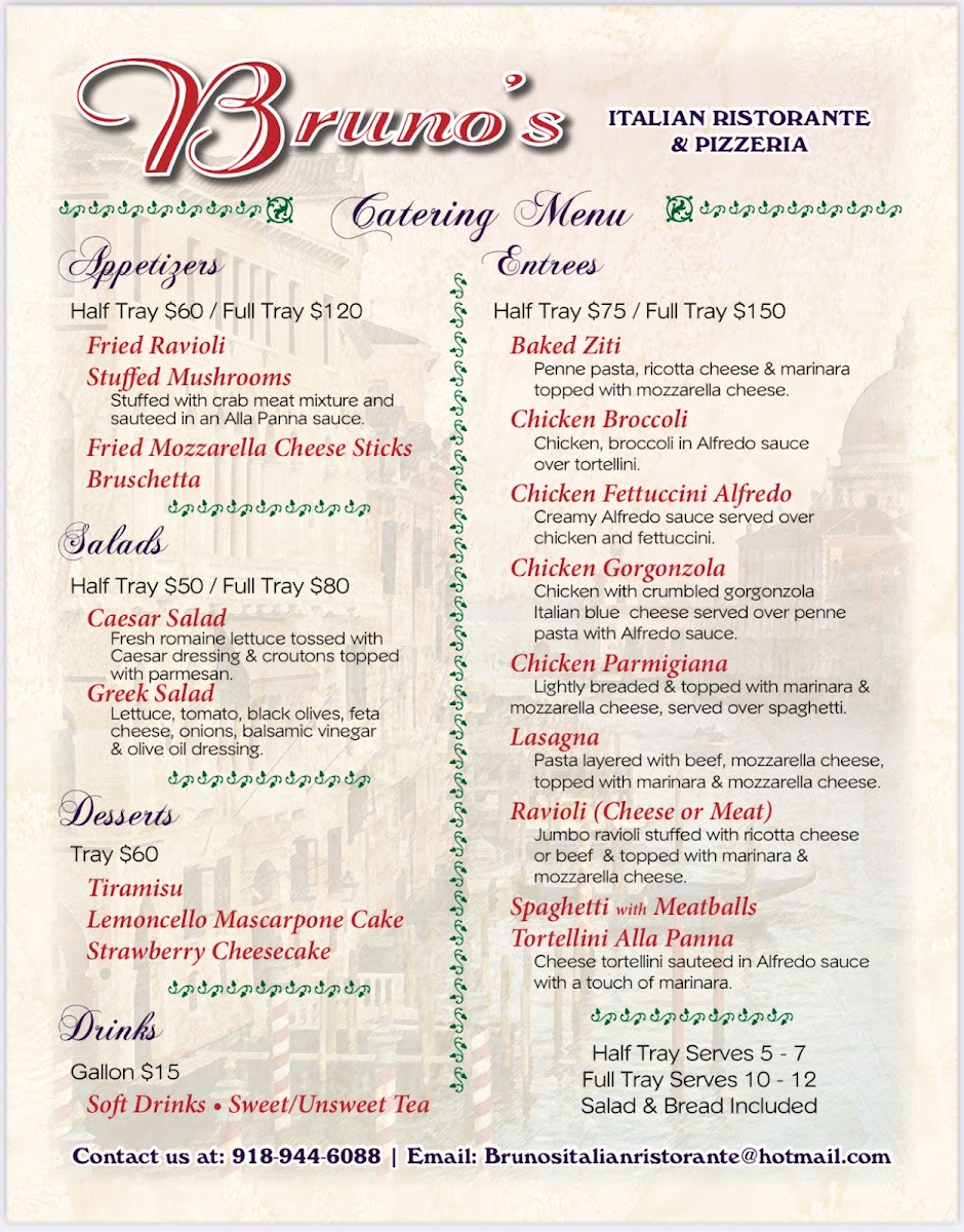 Bruno’s Italian Ristorante menu board