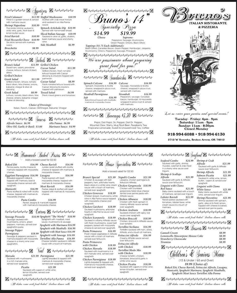 Bruno’s Italian Ristorante menu board