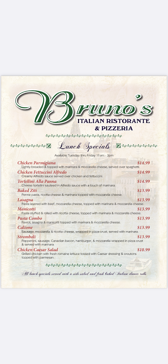 Bruno’s Italian Ristorante menu board