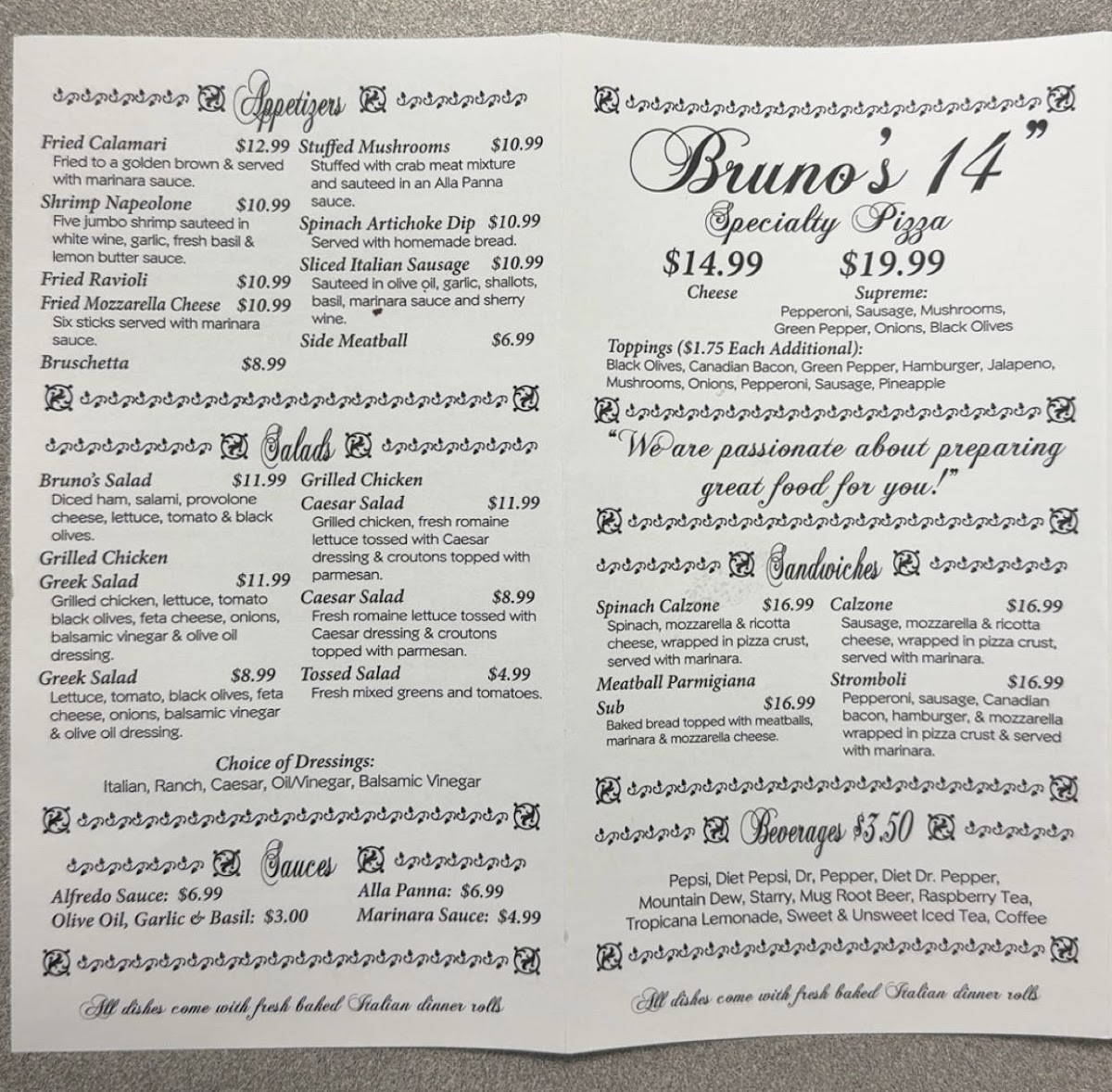 Bruno’s Italian Ristorante menu board