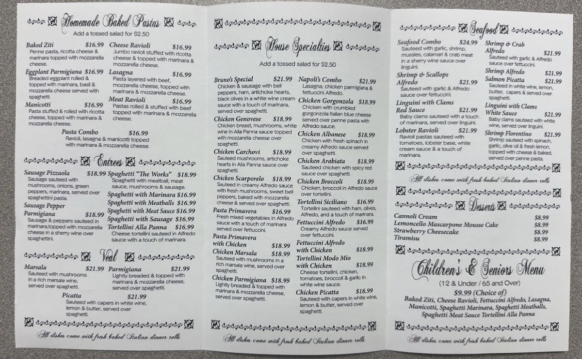 Bruno’s Italian Ristorante menu board